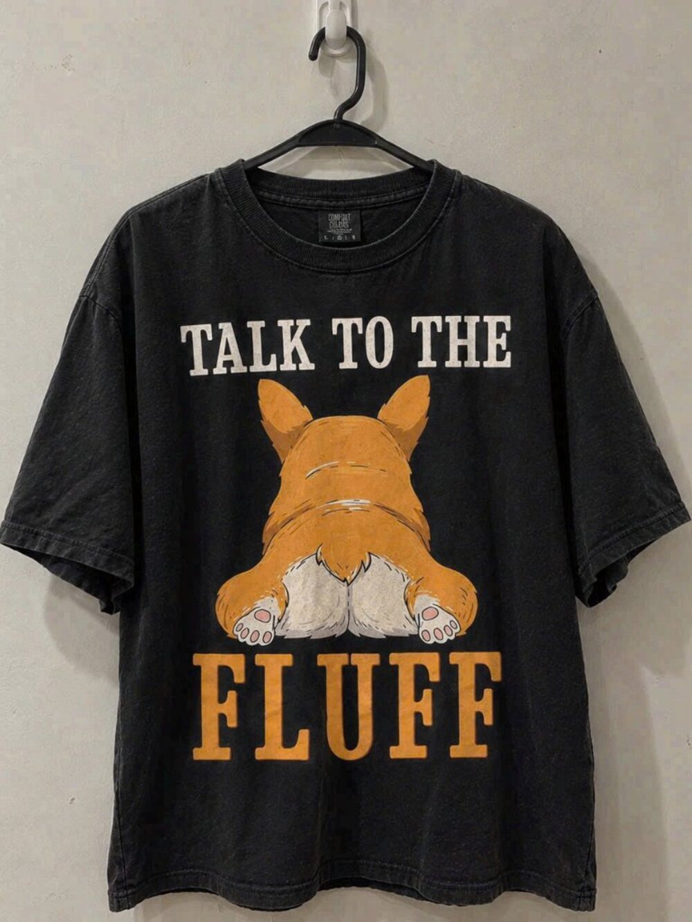 "Talk To The Fluff" Corgi Butt Funny Dog Graphic Tee Washed Black